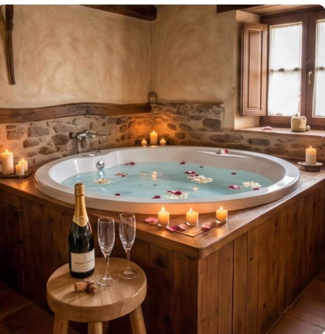 Un jacuzzi circular de piedra y madera en una suite rústica con vistas a una ventana de madera. Una mesita de madera tiene una botella de cava y dos copas