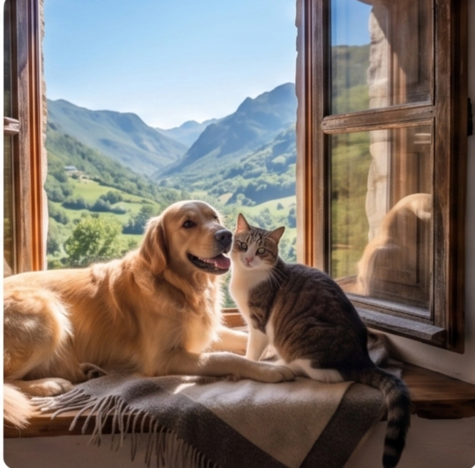 Un perro Golden Retriever y un gato asomados a una gran ventana de madera en una habitación rústica, mirando un valle montañoso verde bajo un cielo azul